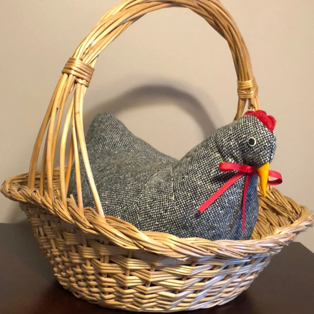 Vintage Estate Handmade Tweed Fabric Stuffed Hen + Wicker Basket